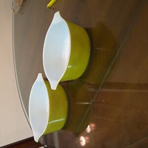 Two Pyrex Avocado Green casserole dishes